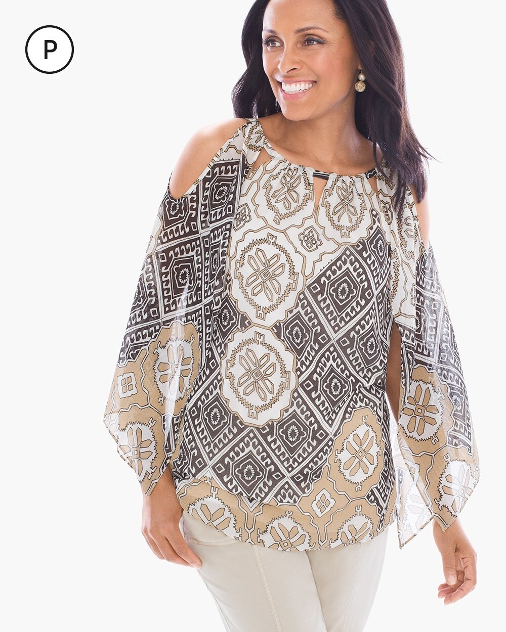 Petite Eclectic Medallions Cold-Shoulder Tunic