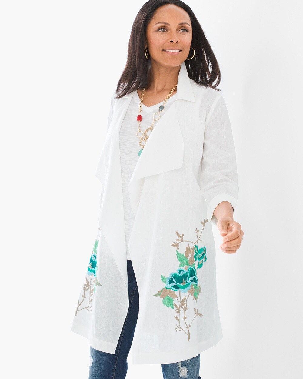 Long Floral-Embroidered Jacket