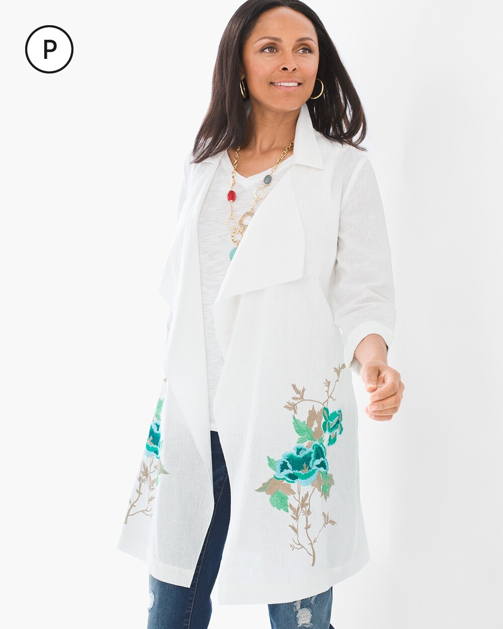 Petite Long Floral-Embroidered Jacket