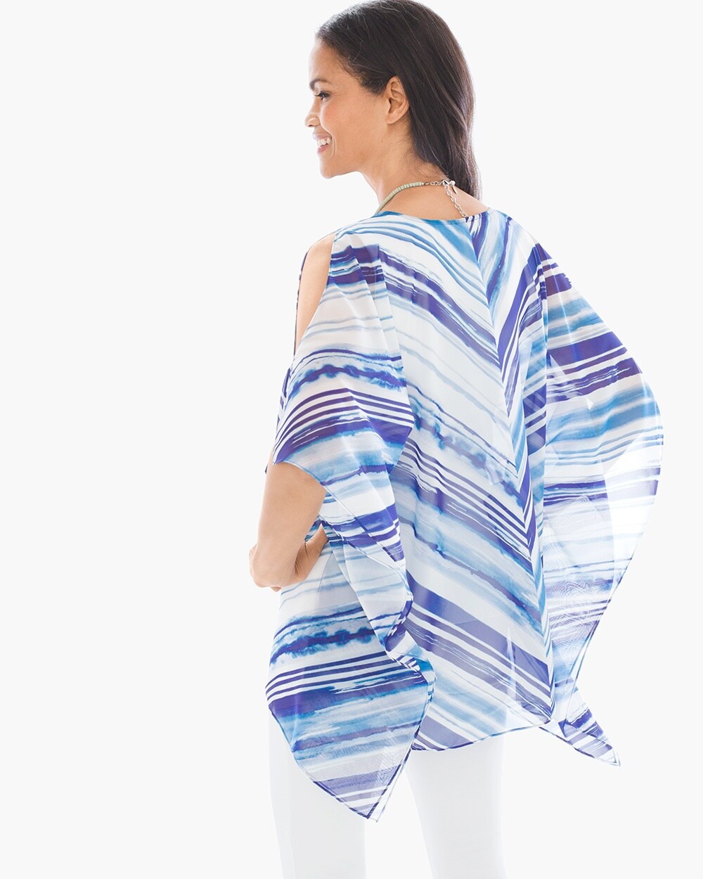 CHICO'S $99 NEW BLUE STRIPE SHEER SHORT PONCHO CAFTAN TOP BLOUSE SIZE 1 M 