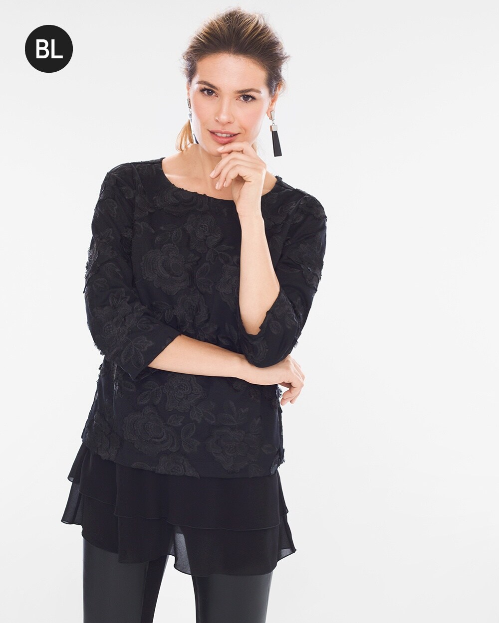 Black Label Petite Embroidered Layer Top