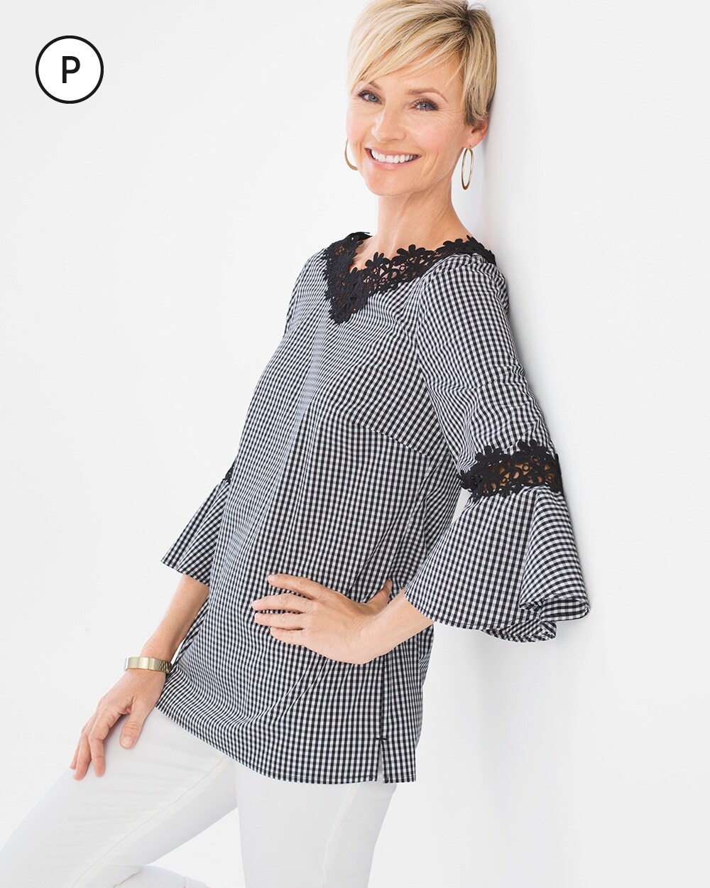 Petite Gingham Lace Bell-Sleeve Tunic