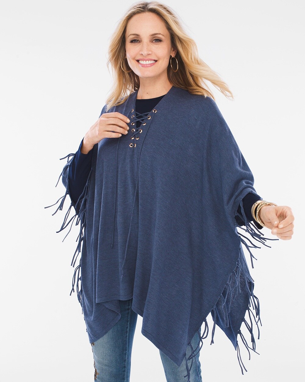 Lace-Up Fringe Poncho in Navy