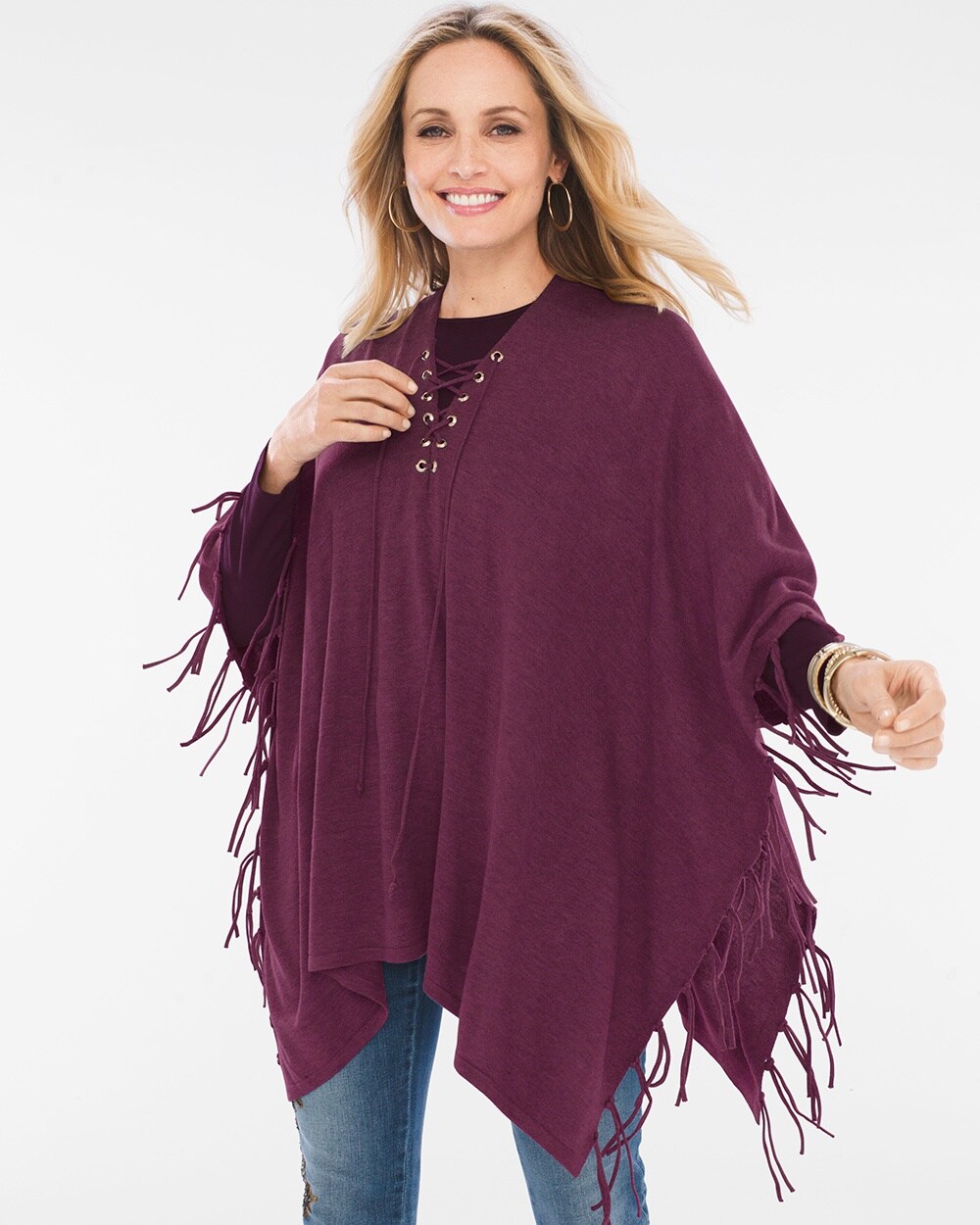 Lace-Up Fringe Poncho in Monrovia