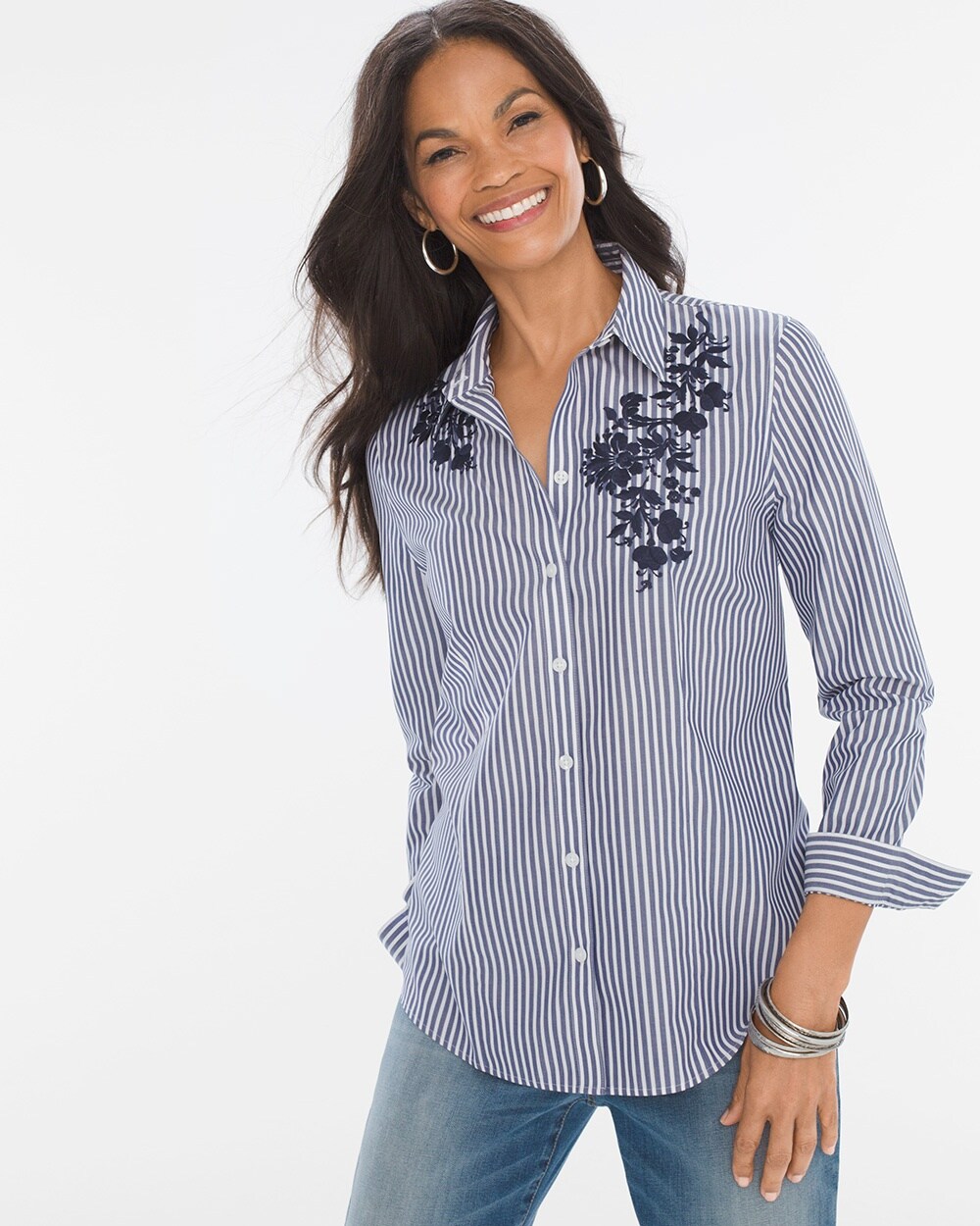 No-Iron Striped Embroidered Shirt