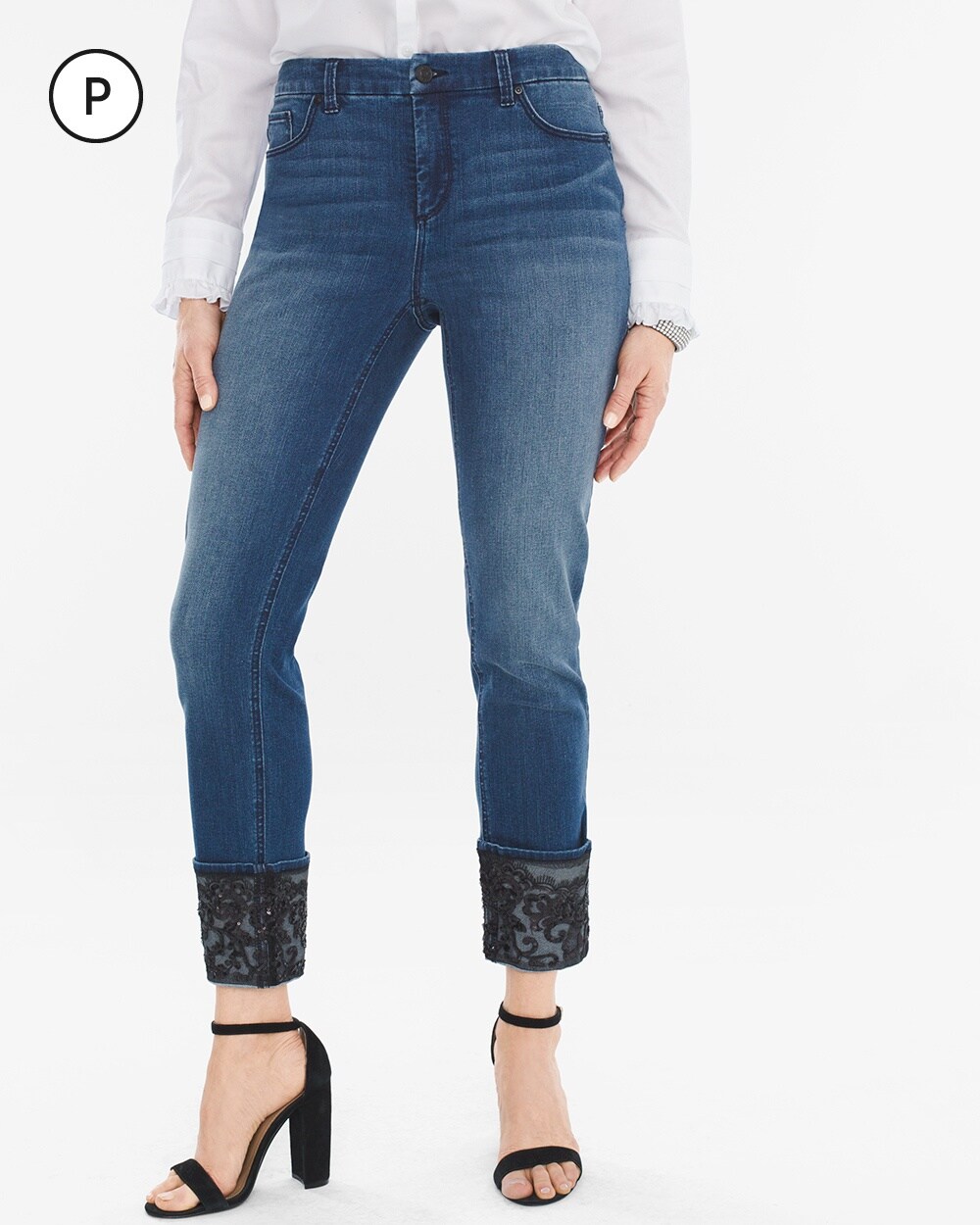 So Slimming Petite Sequin Lace-Cuff Girlfriend Ankle Jeans