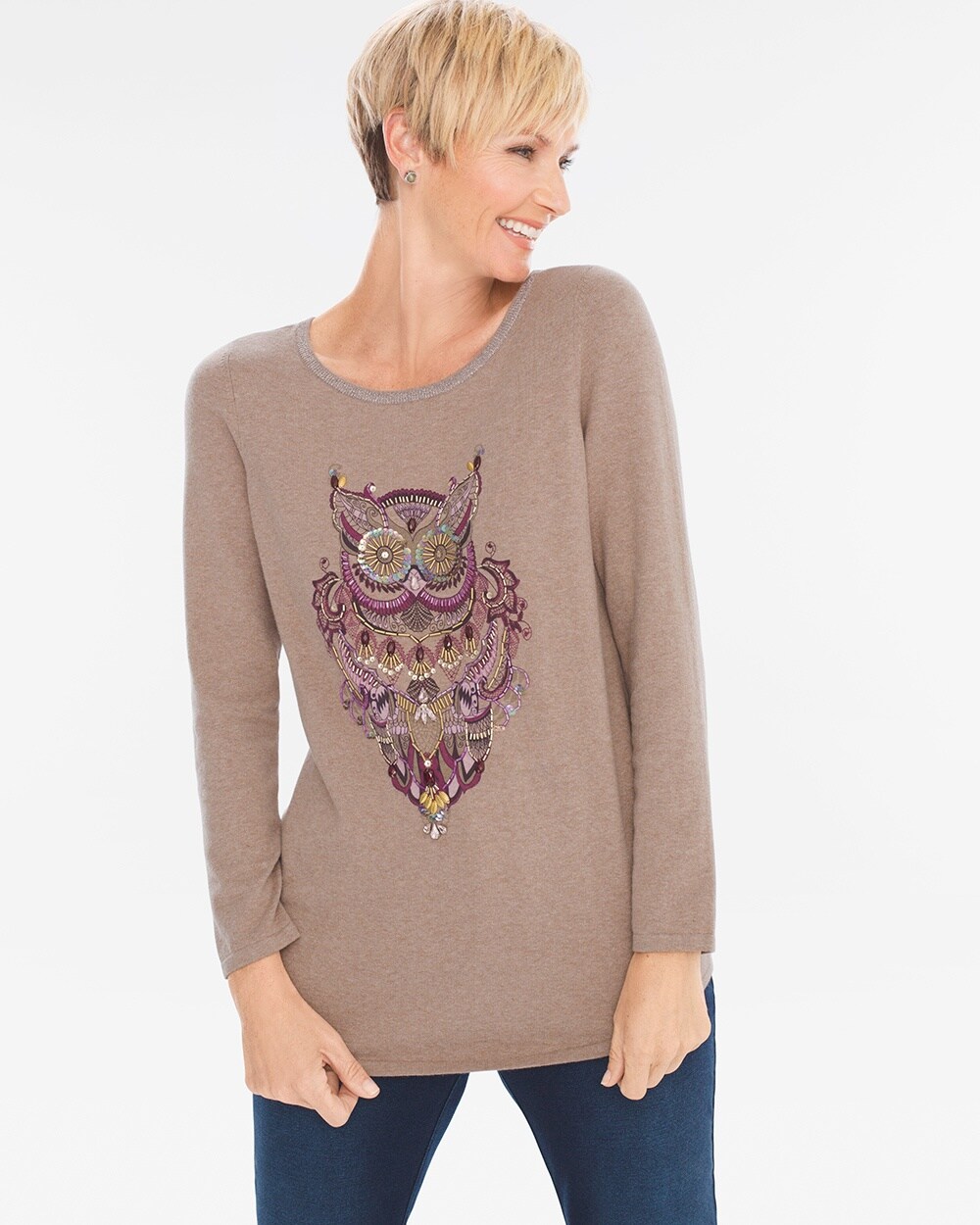 Zenergy Cotton-Cashmere Blend Jeweled Owl Top