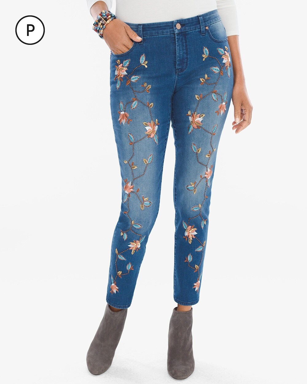 So Slimming Petite Floral Embellished Girlfriend Ankle Jeans