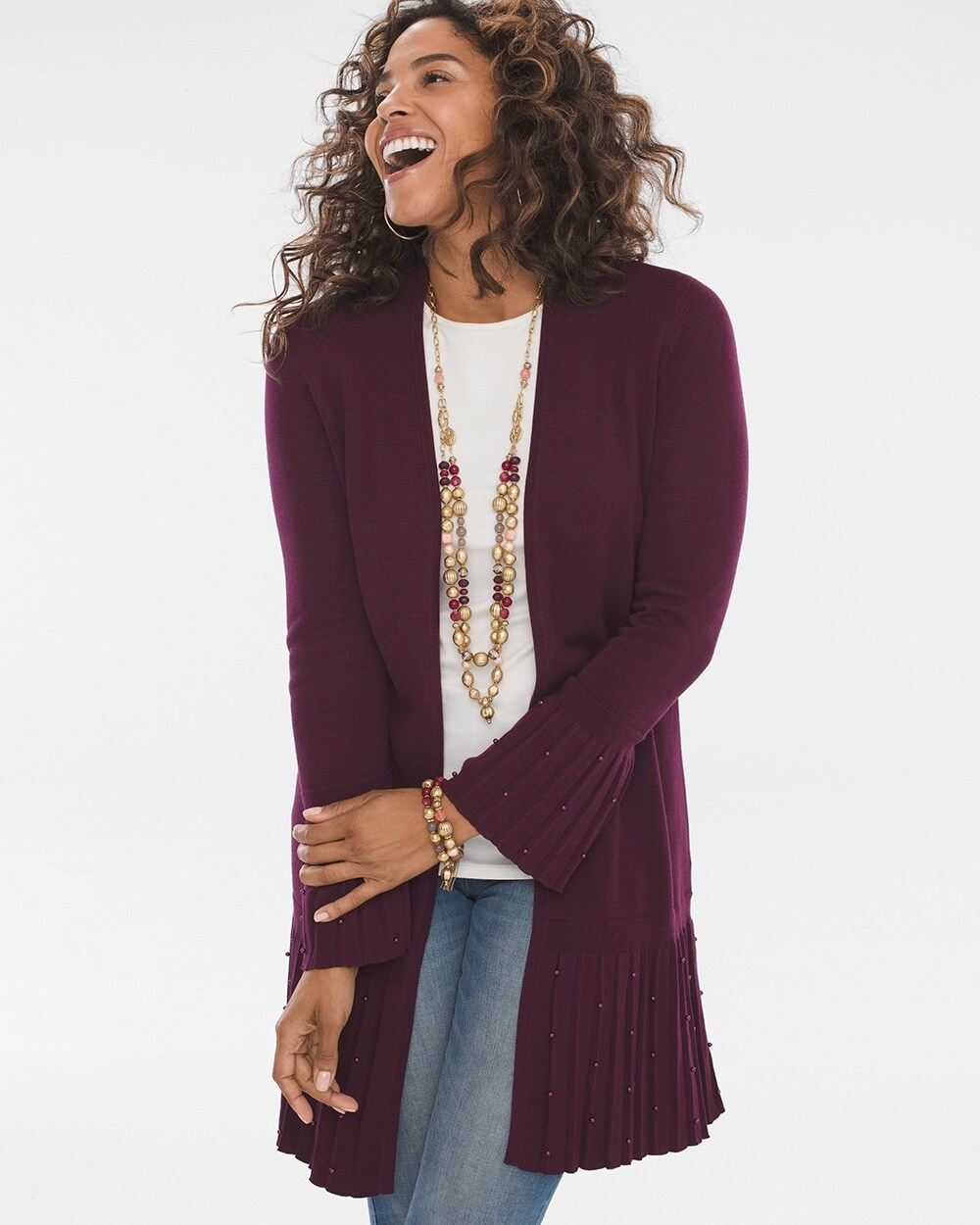Pleated Faux-Pearl Cardigan