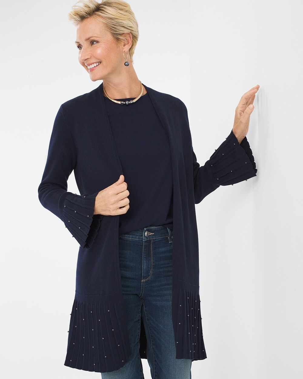 Pleated Faux-Pearl Cardigan