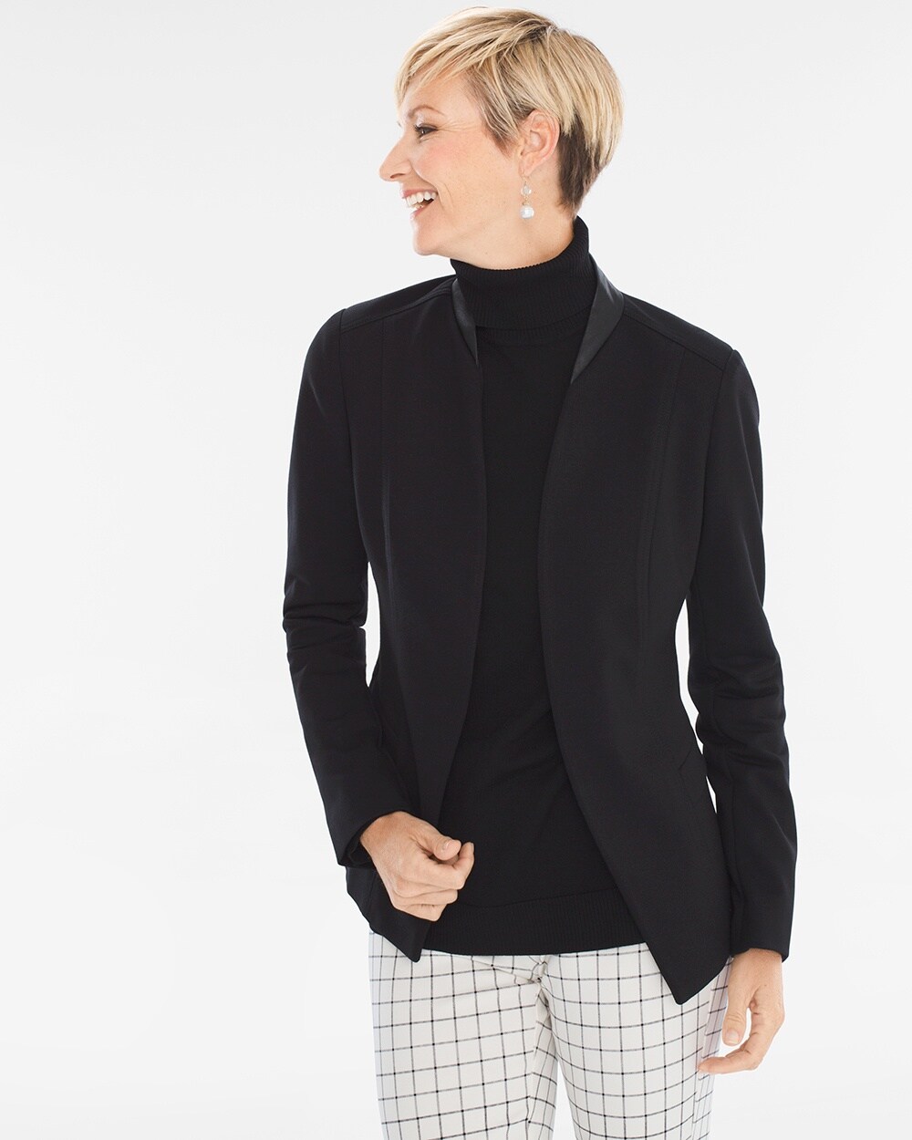 Faux-Leather Collar Ponte Jacket