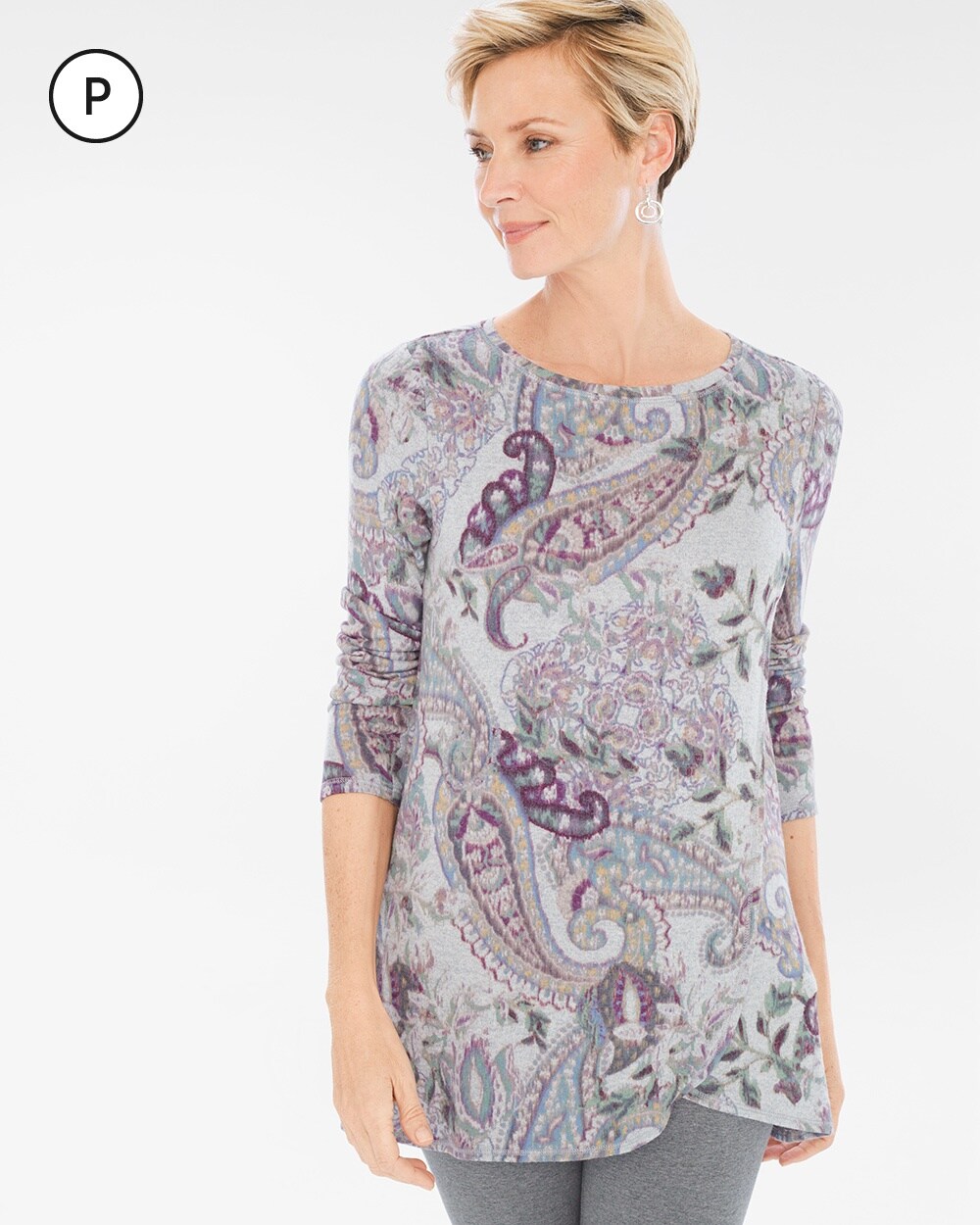 Zenergy Petite Knit Collection Cozy Printed Wrap-Front Tunic