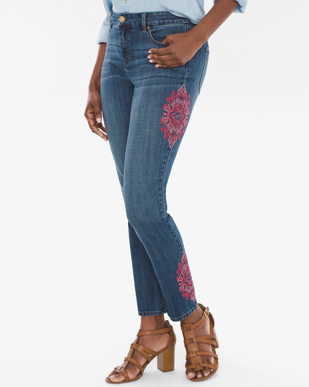 So Slimming Medallion Embroidered Girlfriend Ankle Jeans