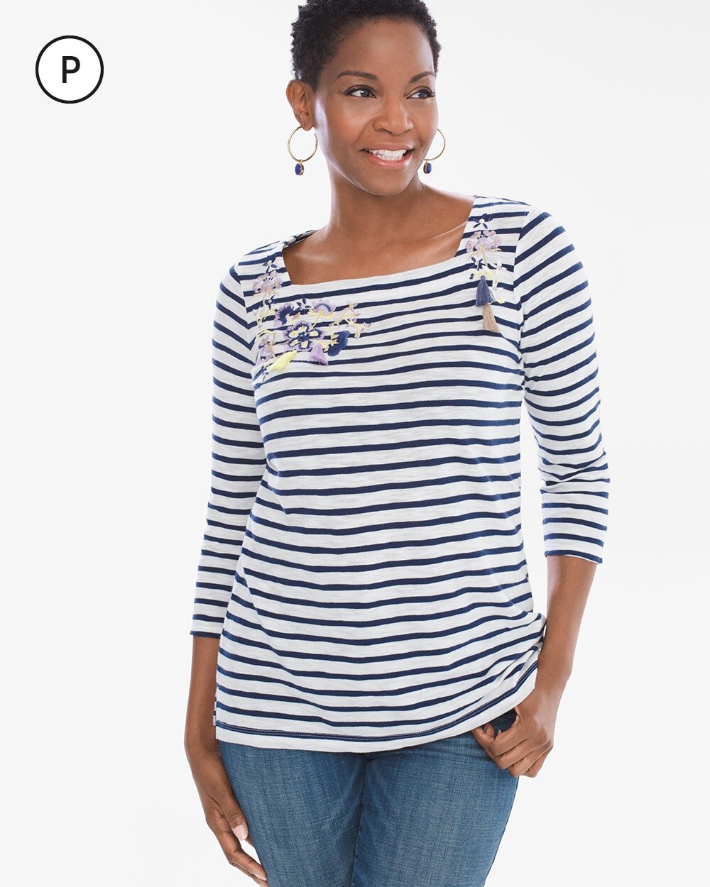Petite Chronicle Striped Embroidered Tee