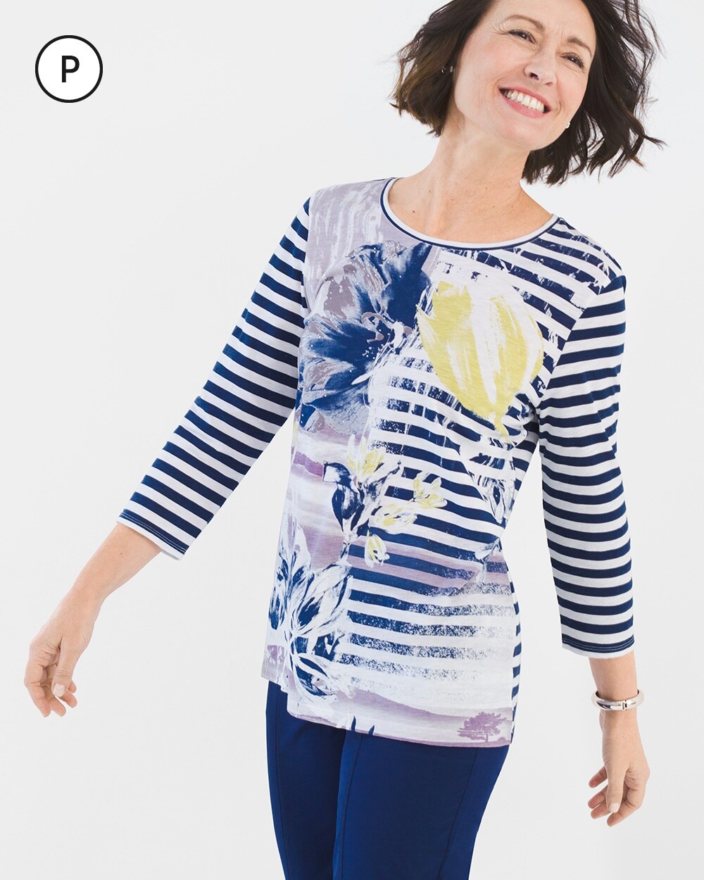 Zenergy Petite Striped Floral Tee