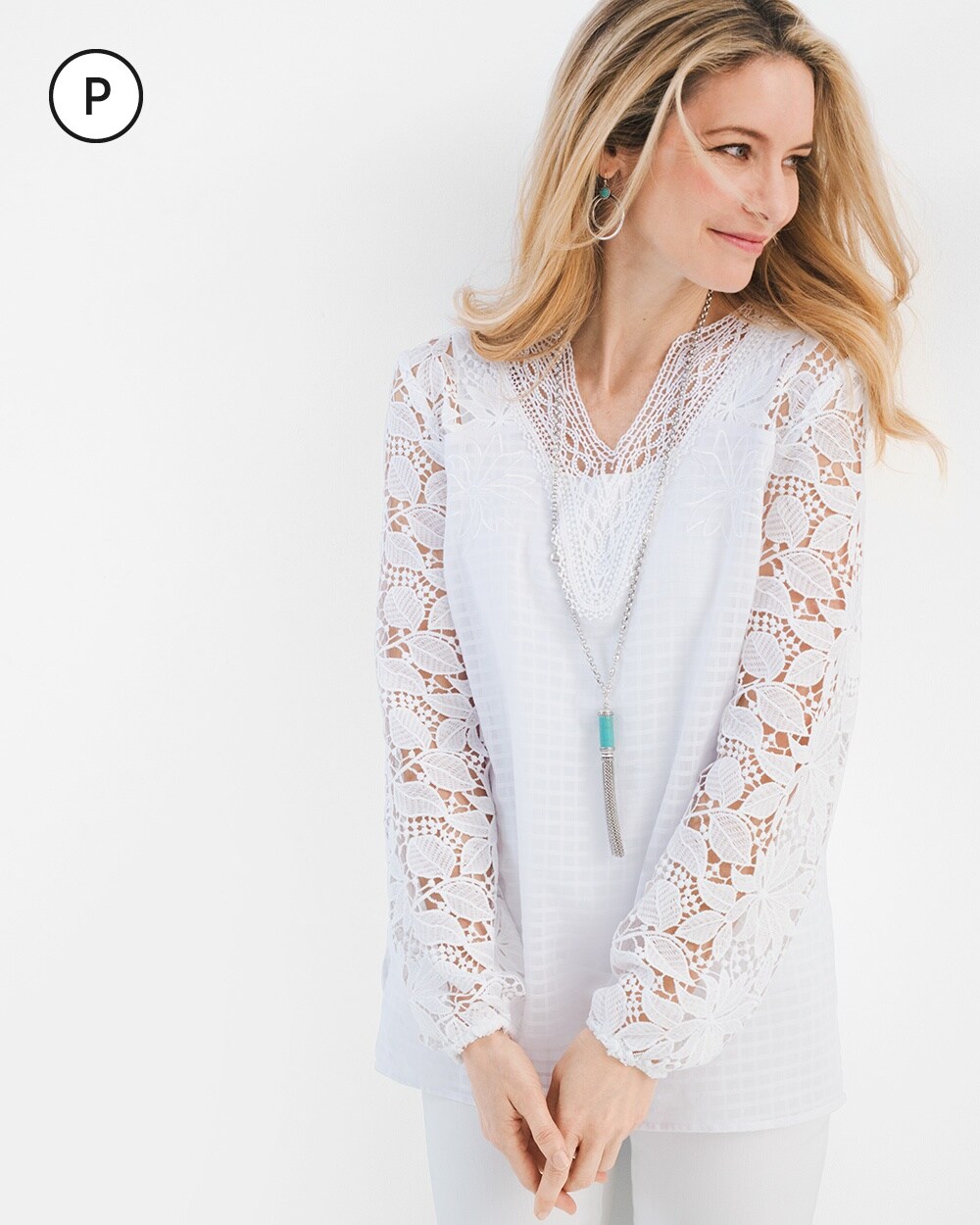 Petite Floral Lace-Sleeve Top