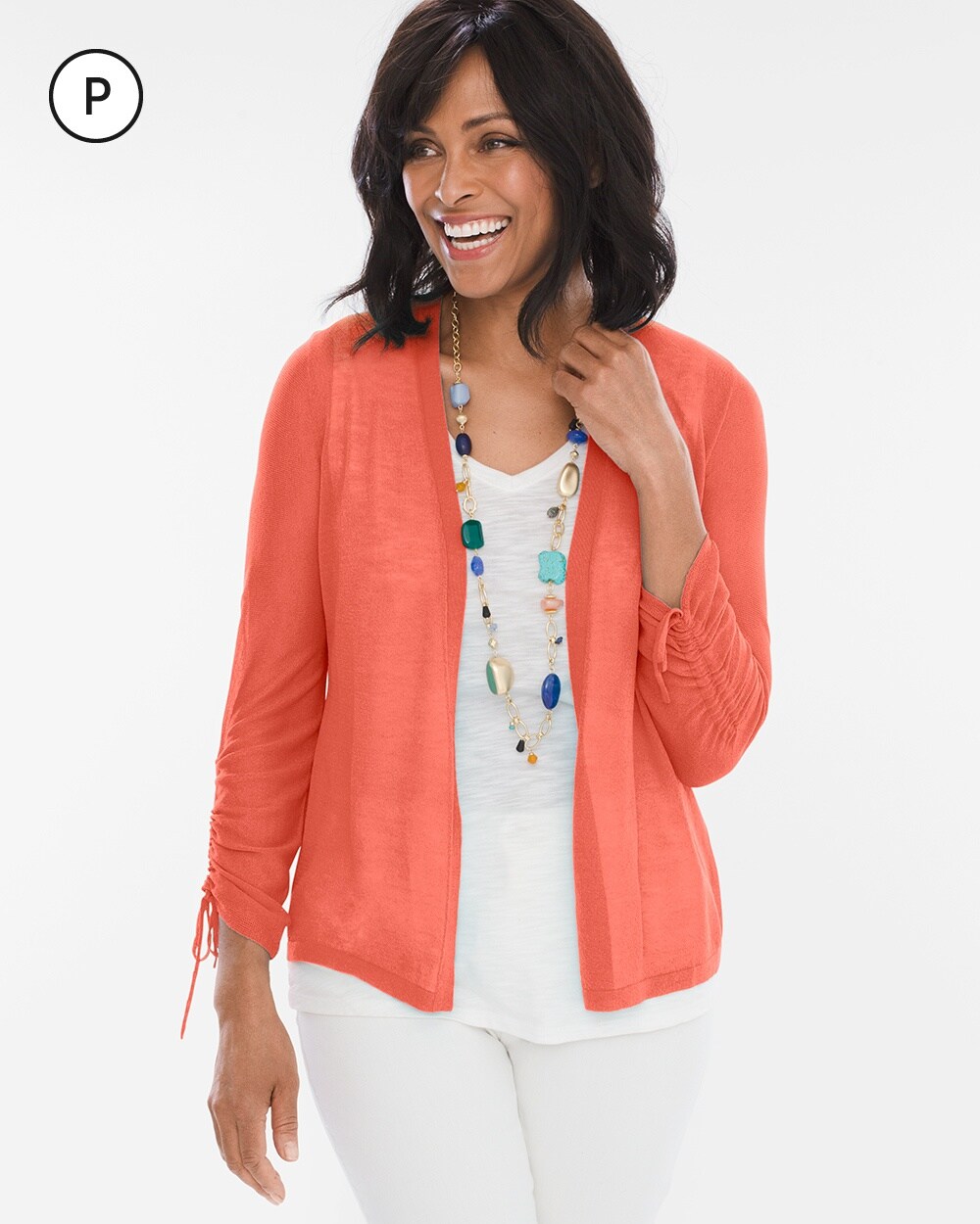 Petite Ruched-Sleeve Cardigan