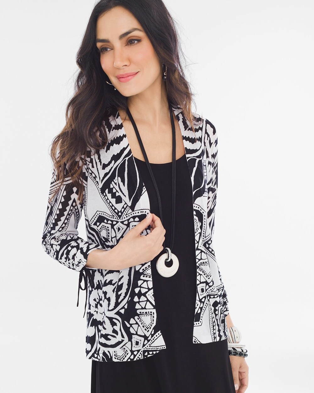 Abstract Floral Ruched-Sleeve Cardigan