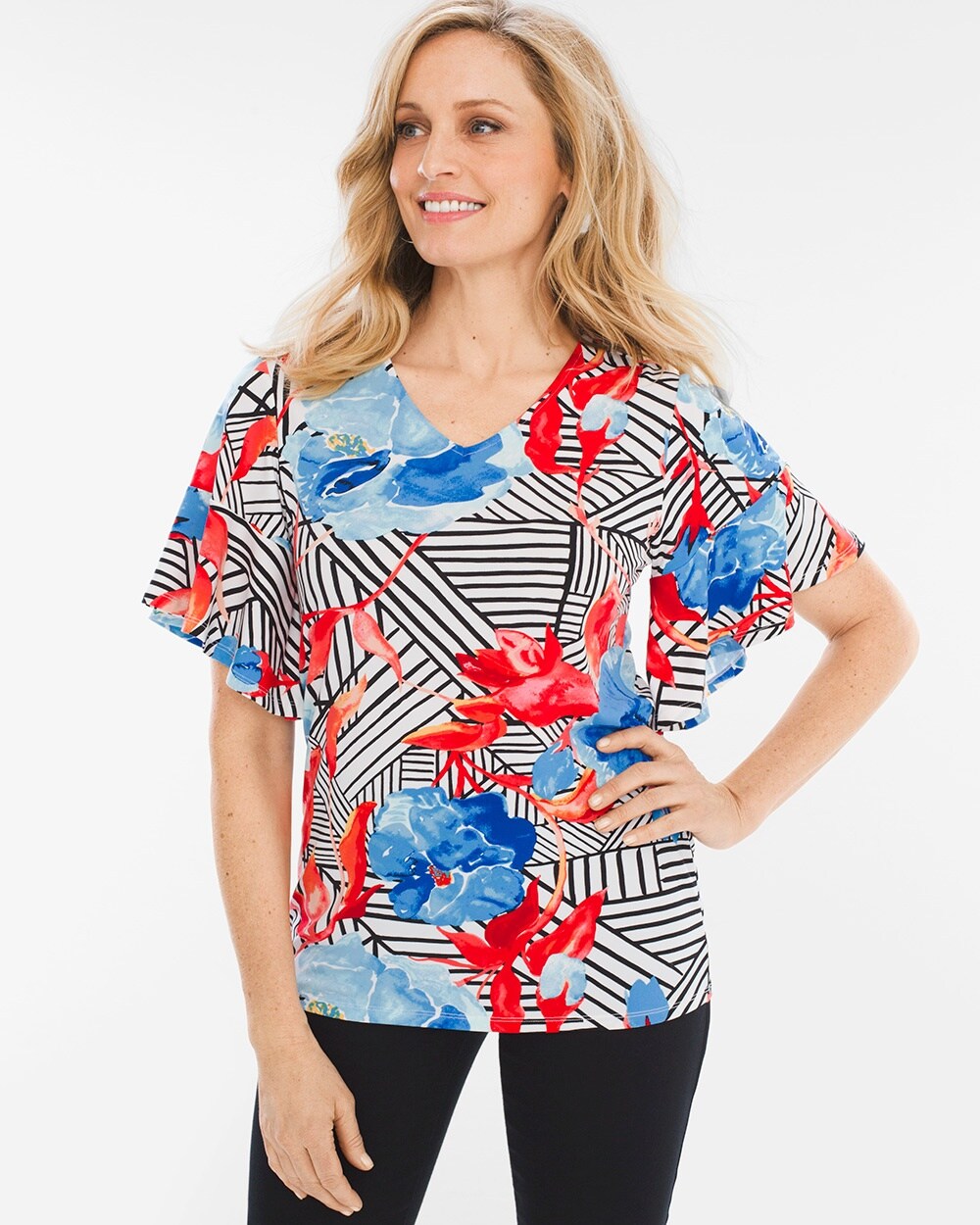 Striped Floral Ruffle-Sleeve Top