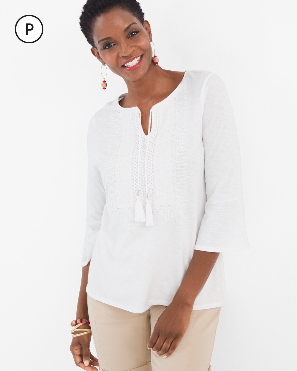 Petite Embroidered Bell-Sleeve Top