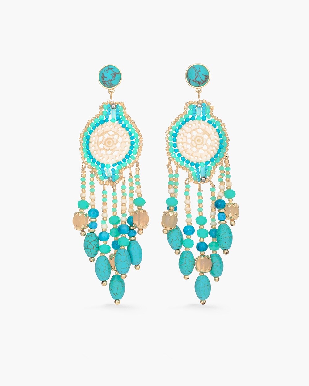 Beaded Turquoise and Neutral Chandelier Earrings