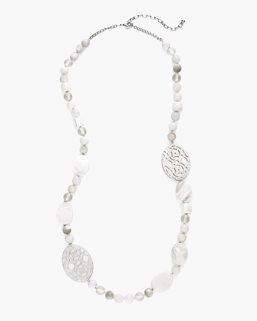 Long White Beaded Single-Strand Necklace