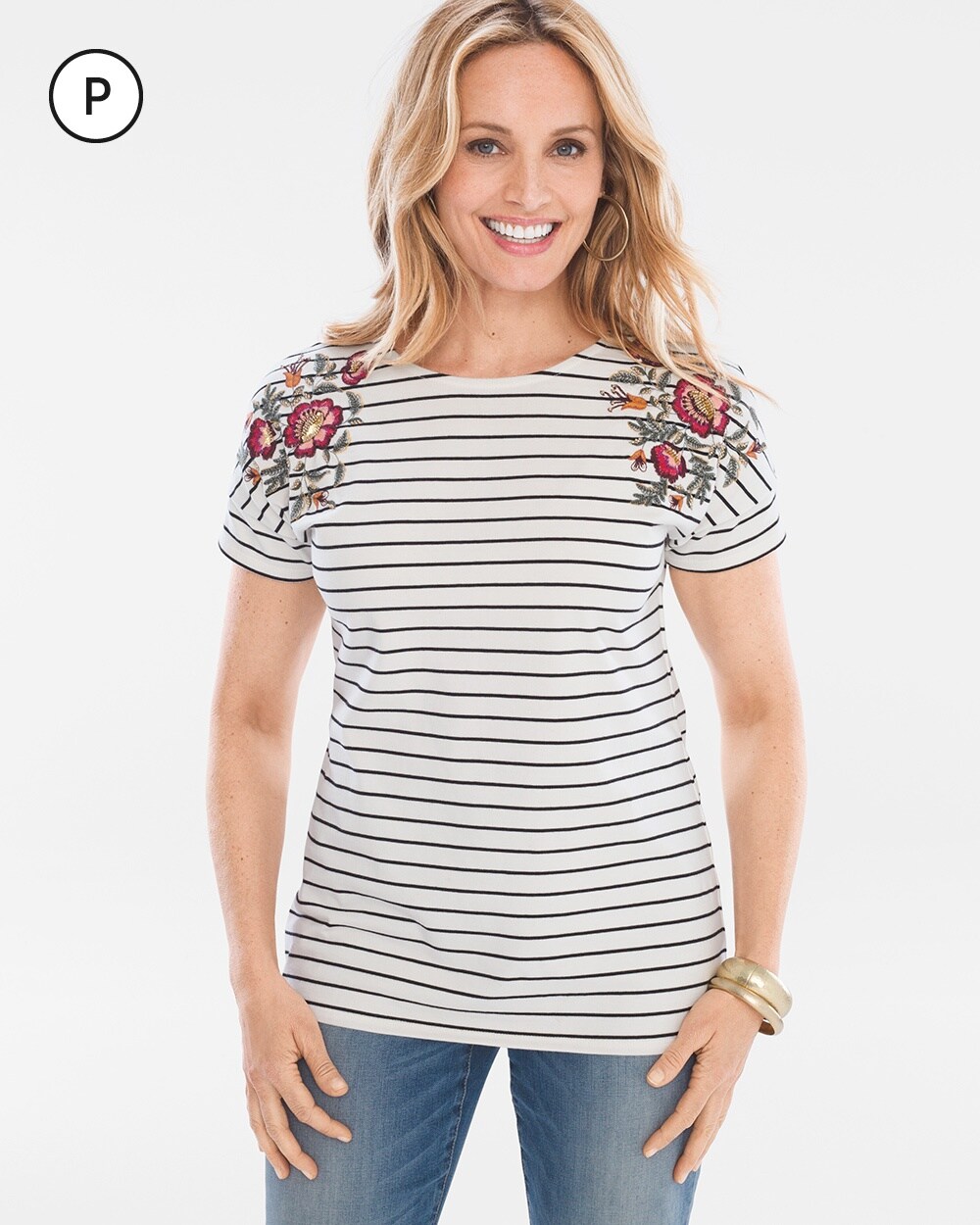 Petite Embroidered Striped Tee
