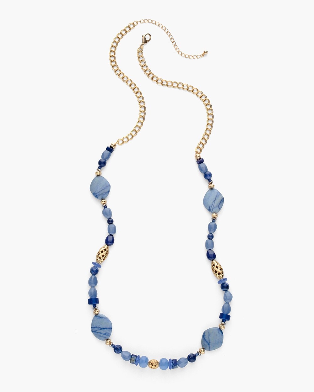 Long Blue and Gold-Tone Single-Strand Necklace