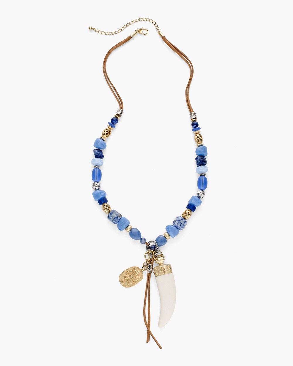 Long Blue and Gold-Tone Pendant Necklace