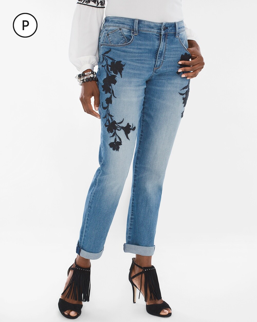 Petite Floral Embroidered Boyfriend Ankle Jeans