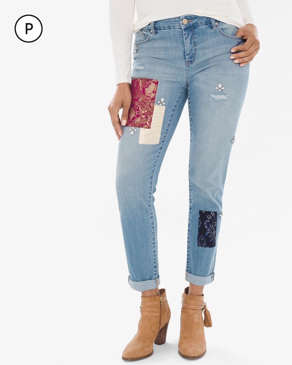 So Slimming Petite Patchwork Girlfriend Ankle Jeans