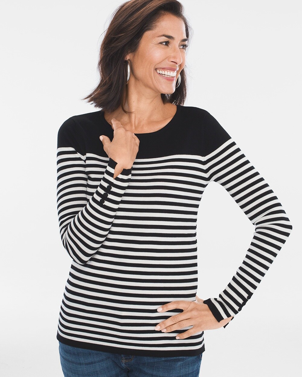 Striped Button-Sleeve Pullover