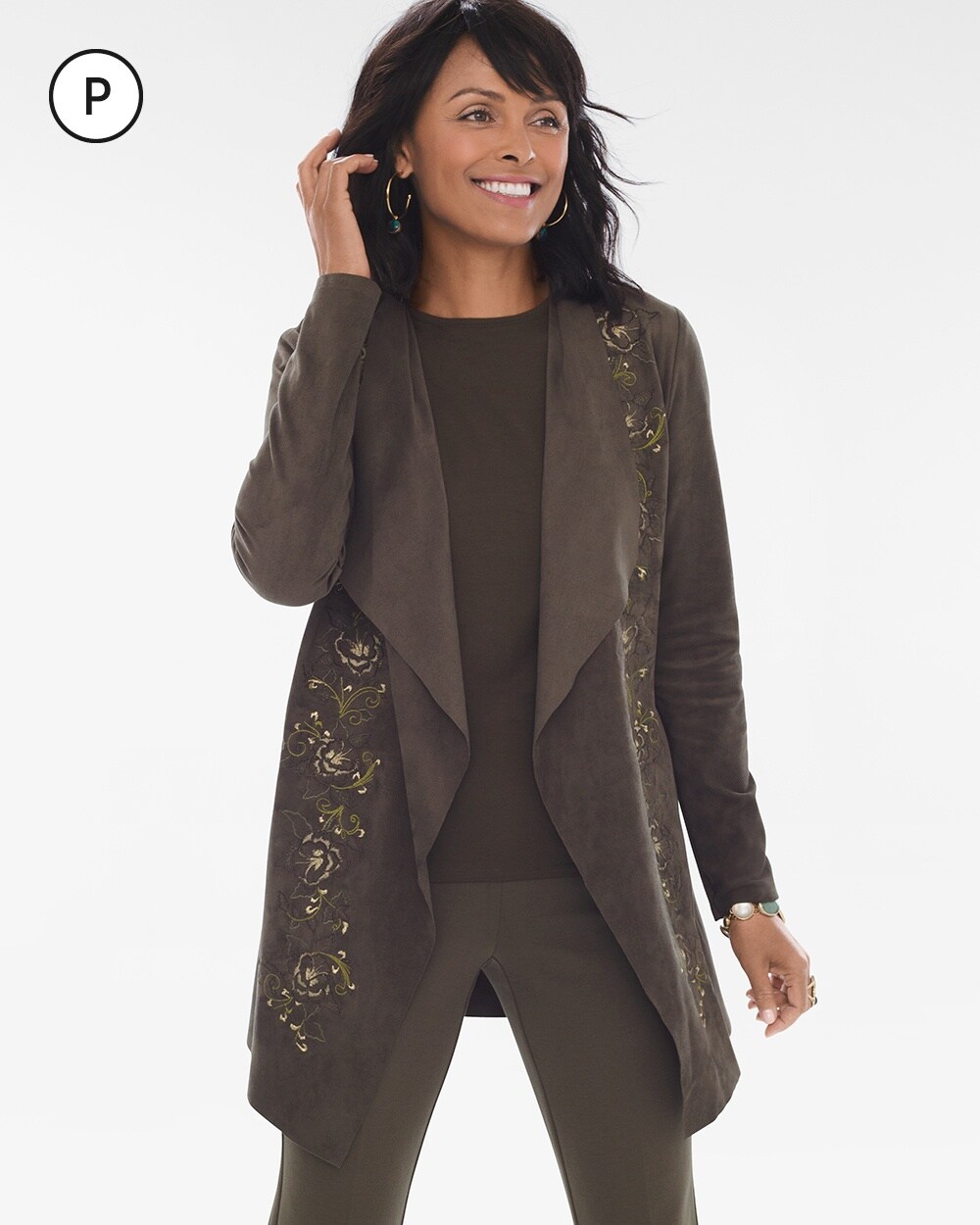 Petite Embroidered Faux-Suede Drape Jacket