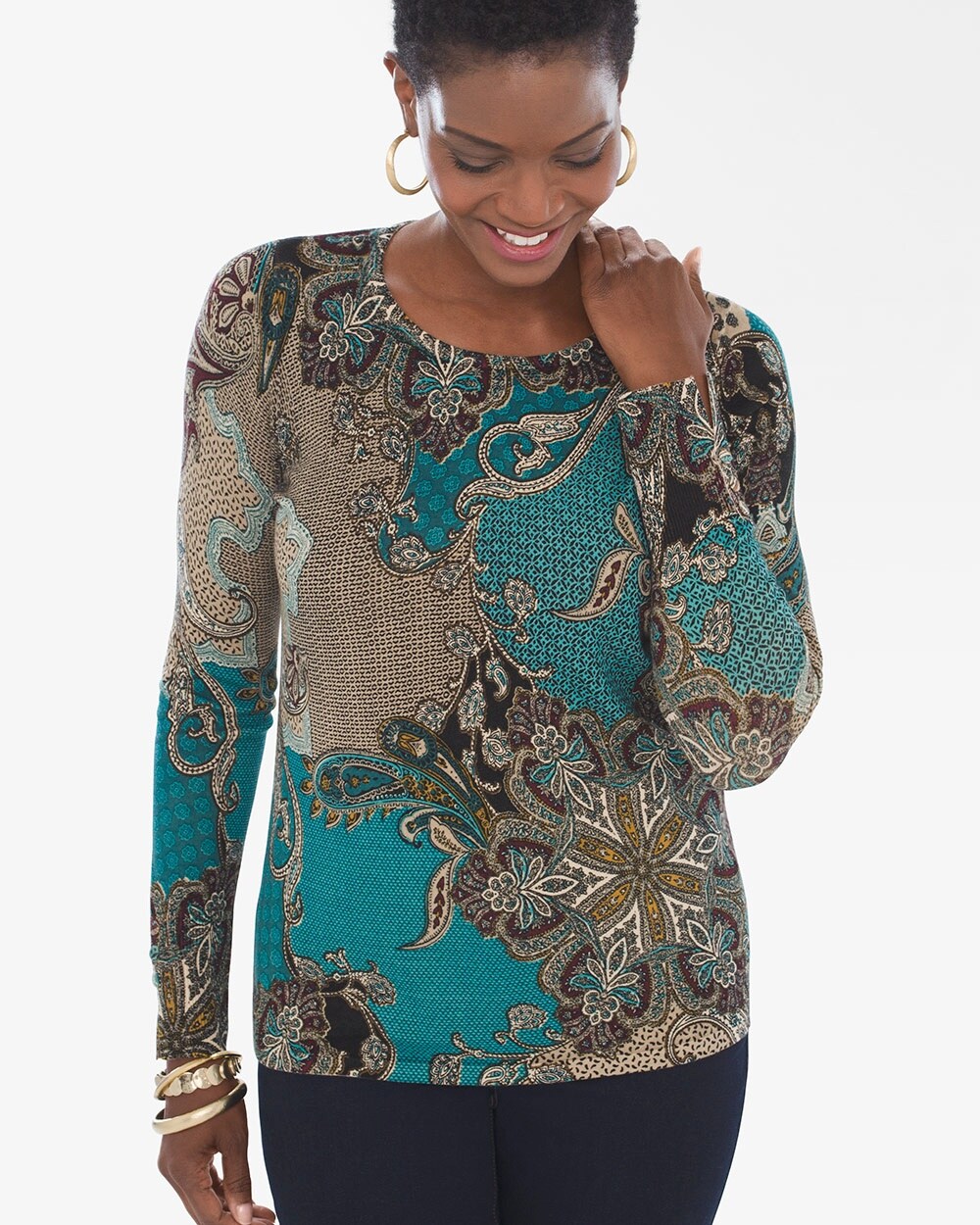 Scroll-Print Button-Sleeve Pullover