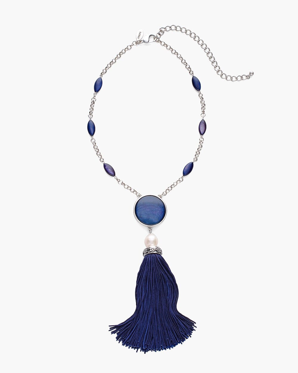 Short Blue and Silver-Tone Tassel Necklace