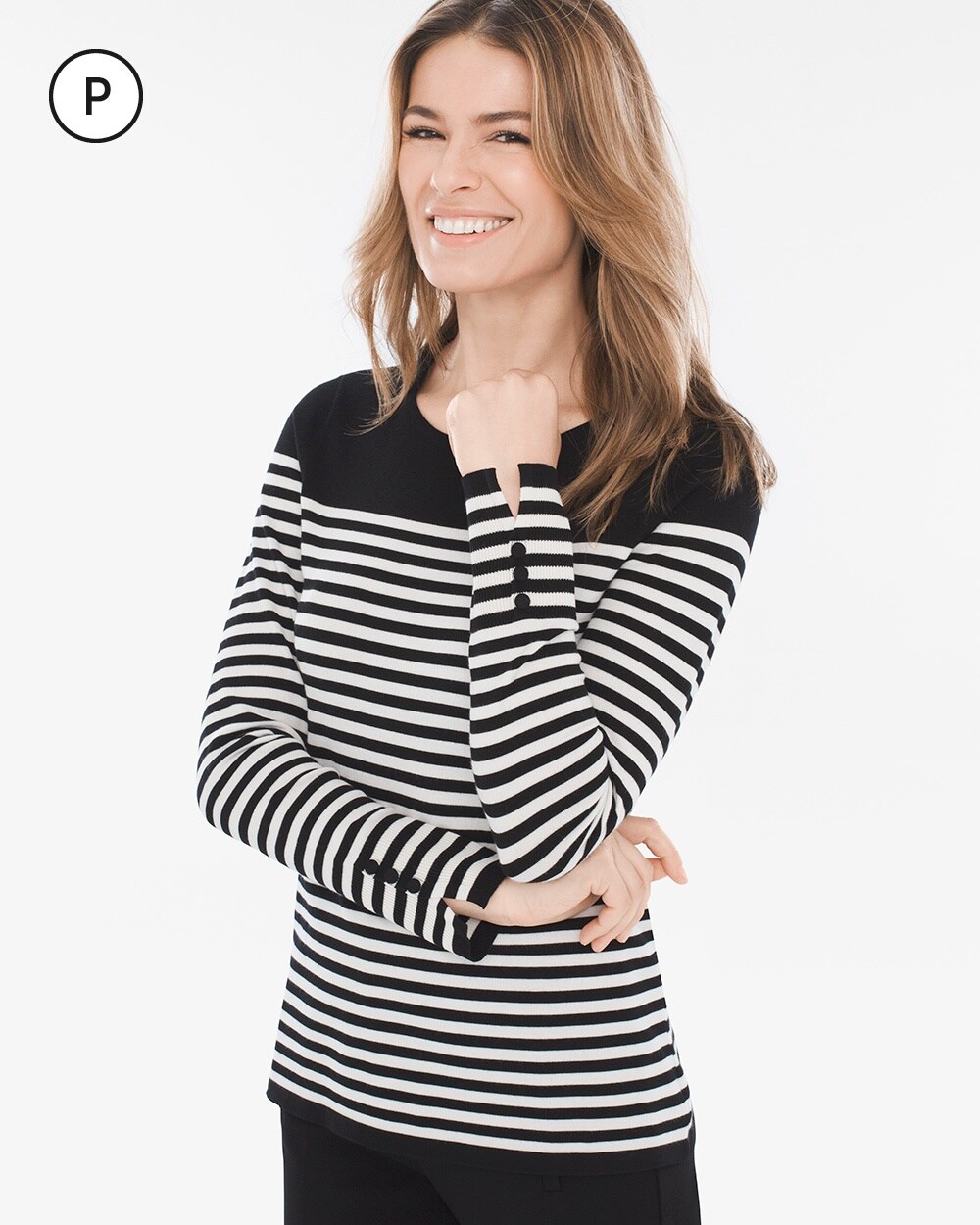 Petite Striped Button-Sleeve Pullover