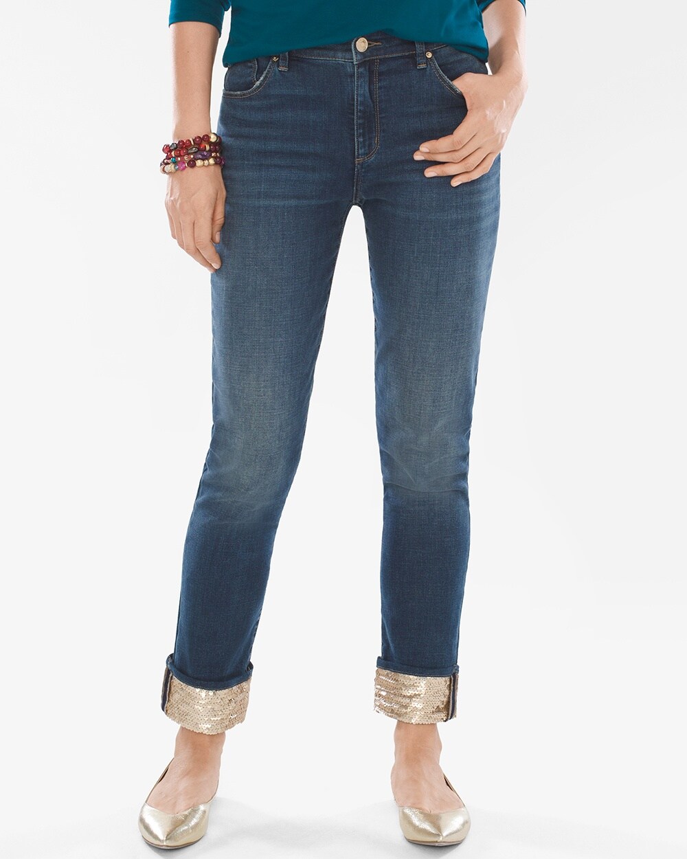 Sequined Cuff Boyfriend Ankle Jeans