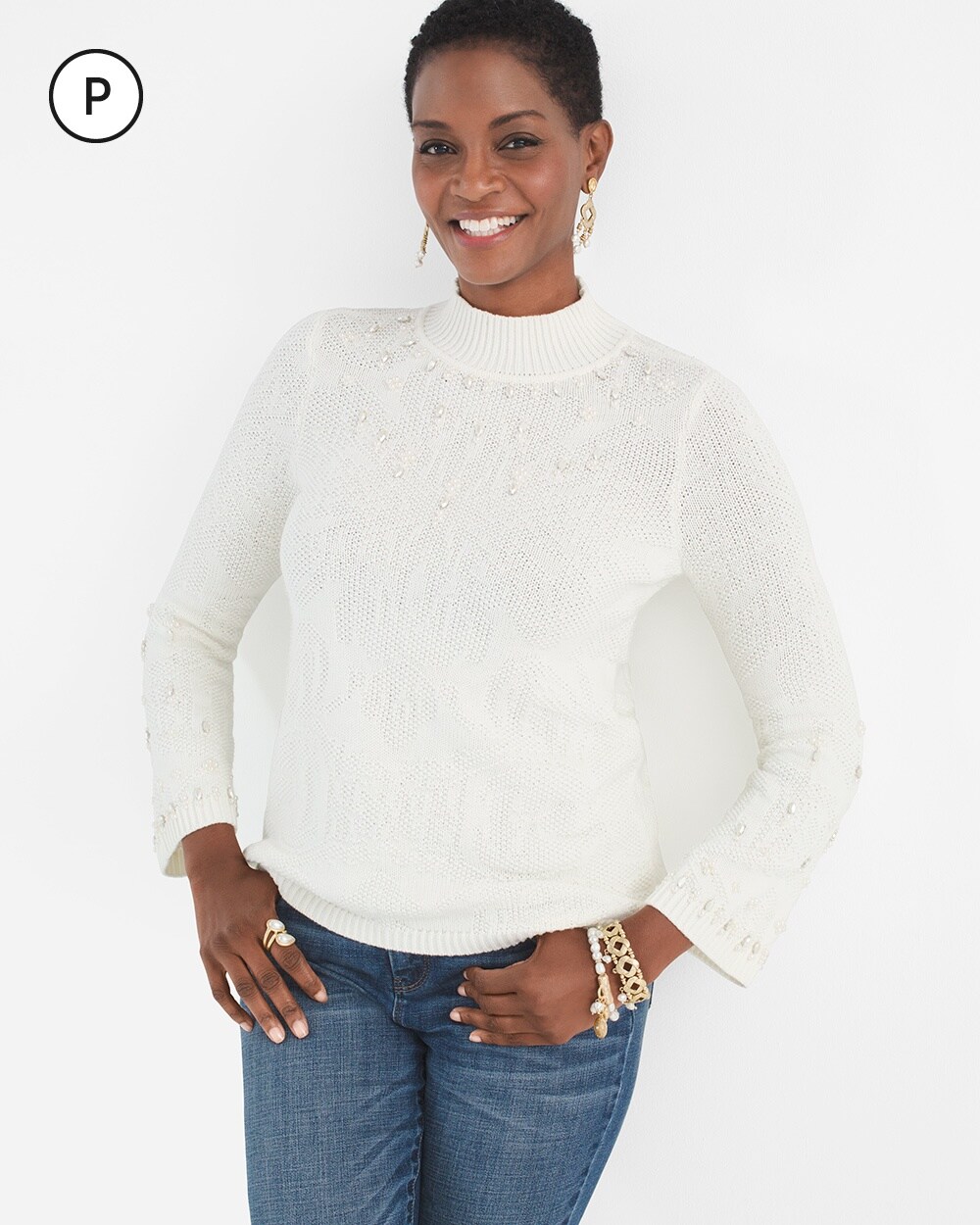Petite Embellished Mock-Neck Pullover Sweater