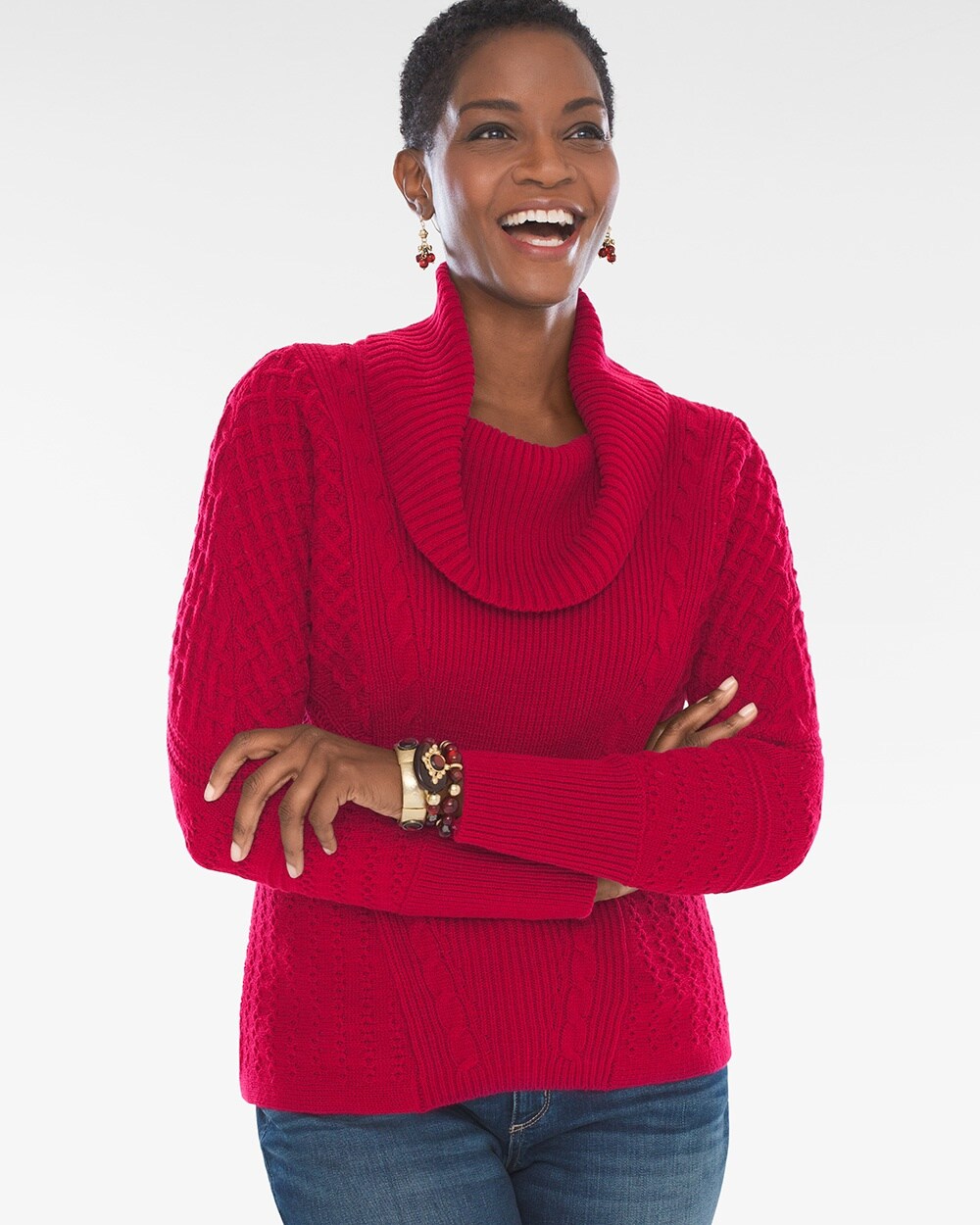 Mixed-Stitch Cowl-Neck Pullover