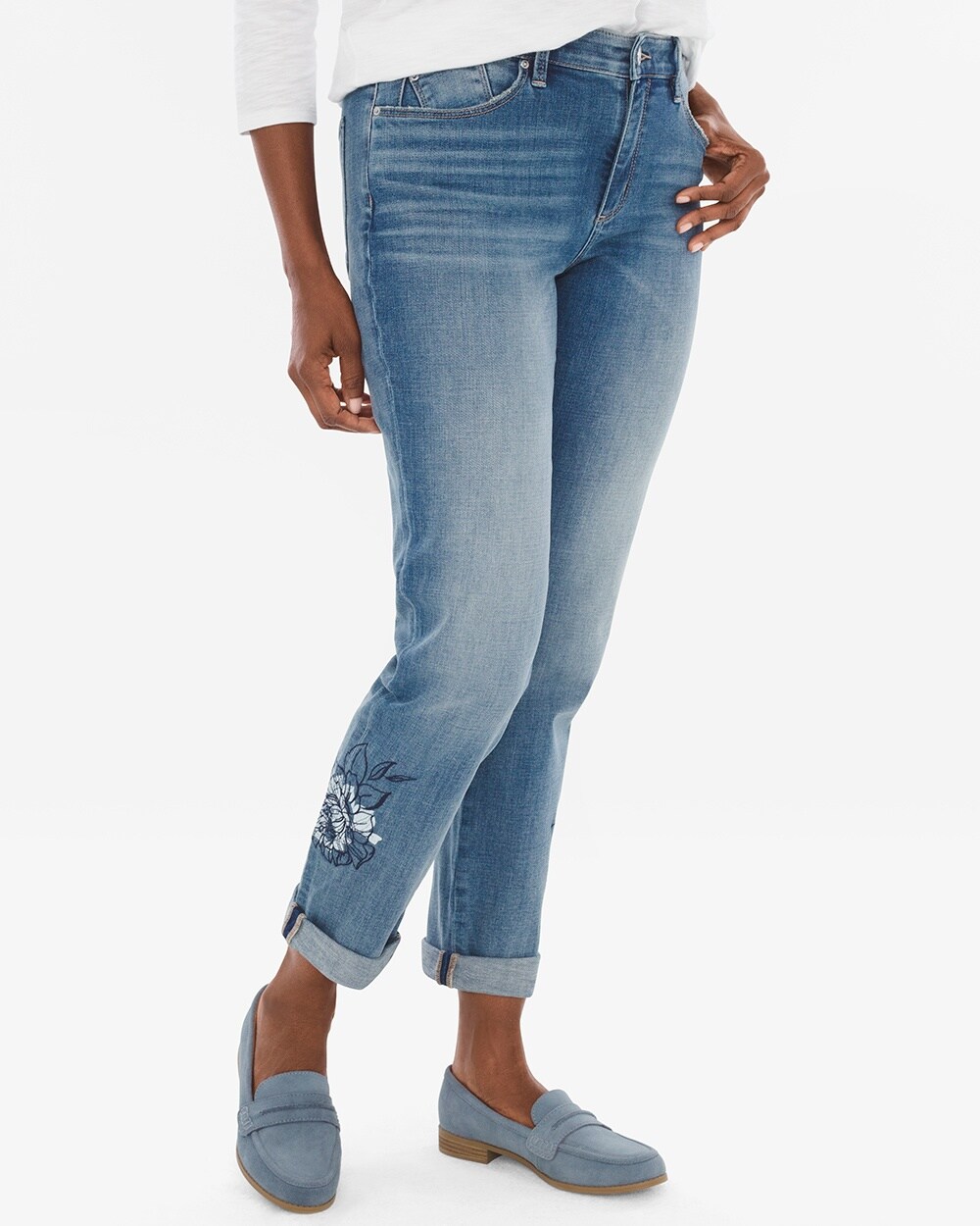 Floral-Embroidered Boyfriend Ankle Jeans