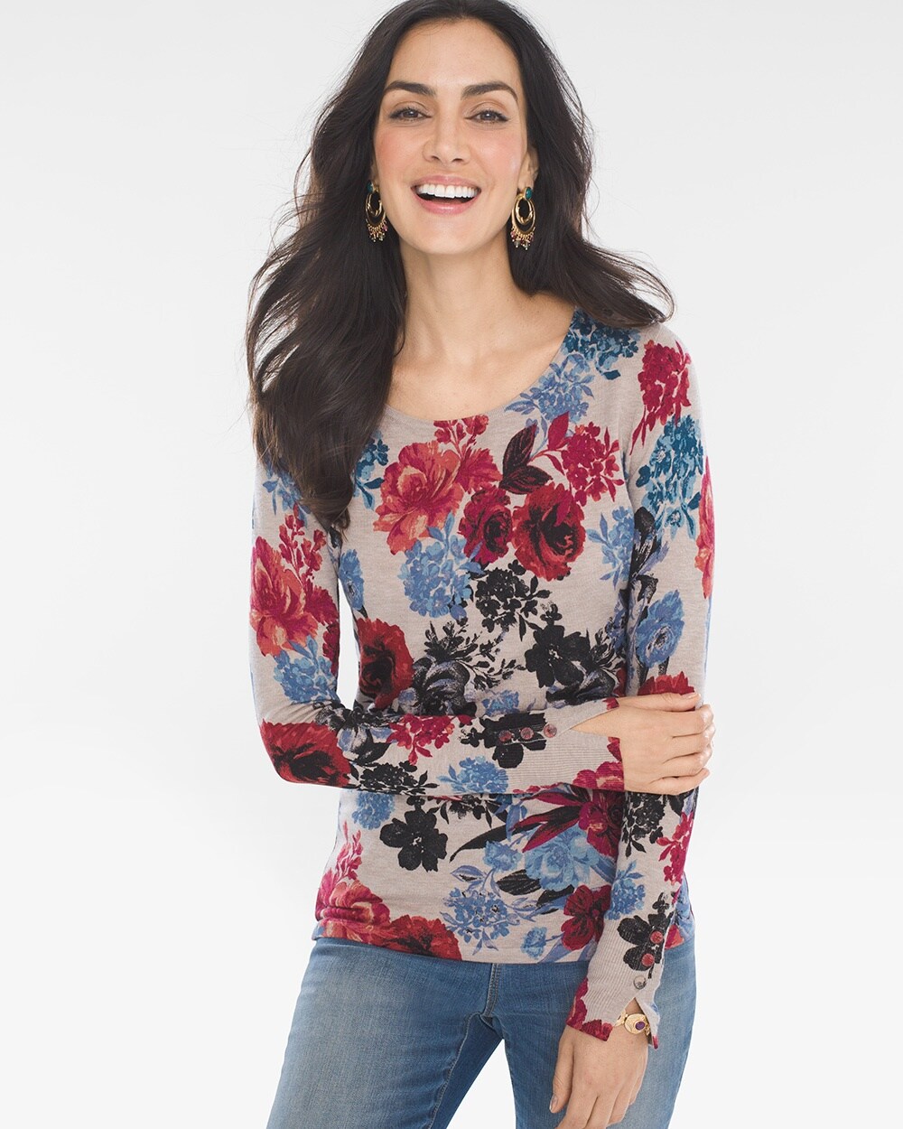 Rose-Print Button-Sleeve Pullover