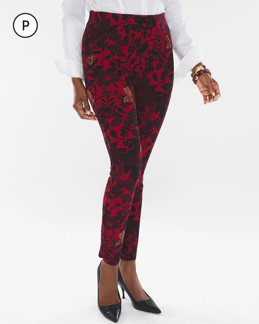 Travelers Collection Petite Red and Black Floral Crepe Pants
