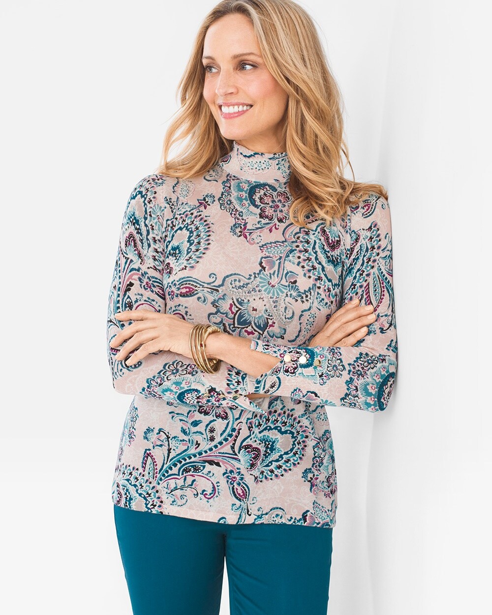 Paisley Lace-Print Mock-Neck Pullover