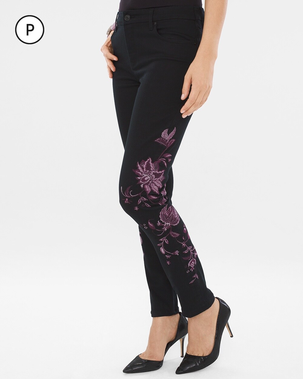So Slimming Petite Lavender-Embroidered Girlfriend Ankle Jeans