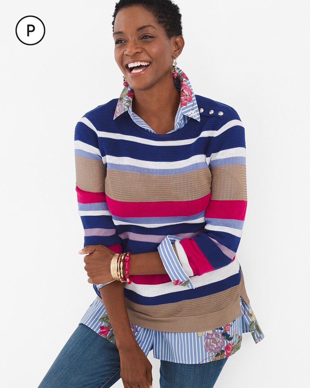 Petite Striped Button-Shoulder Pullover Sweater