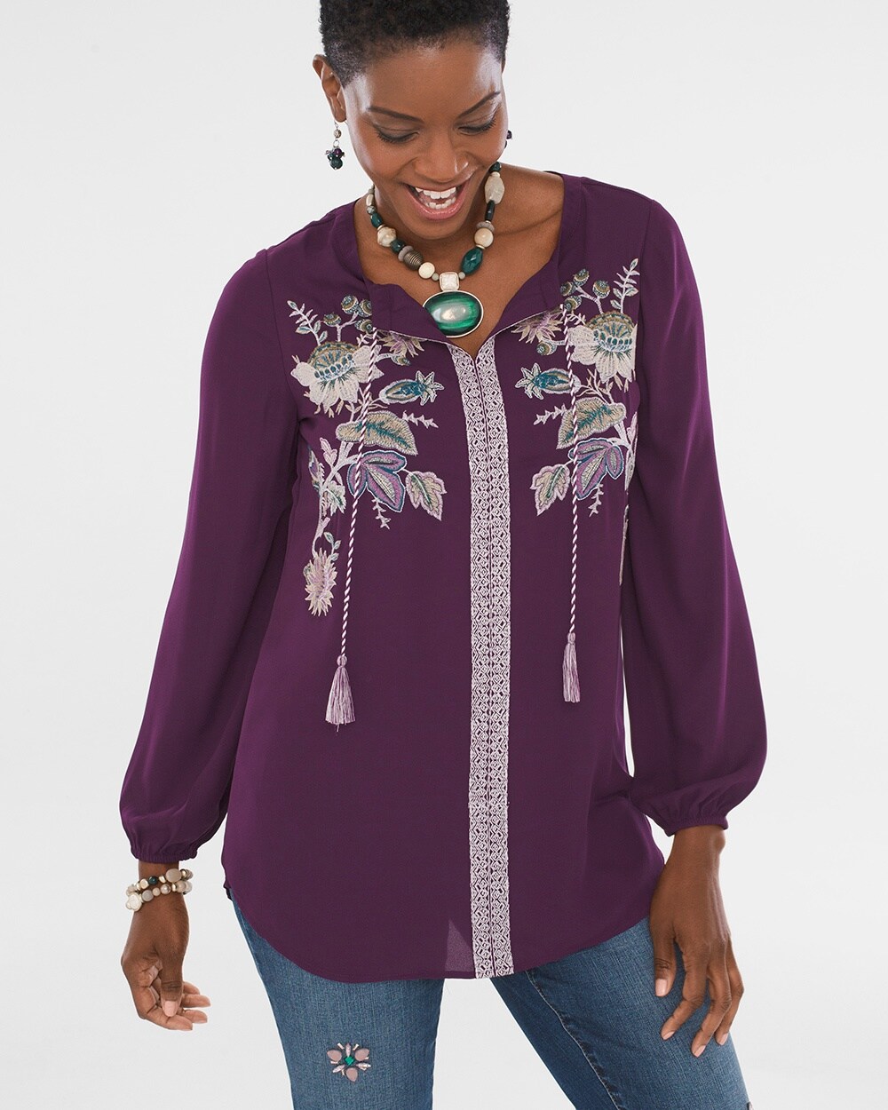 Floral Embroidered Tassel Top