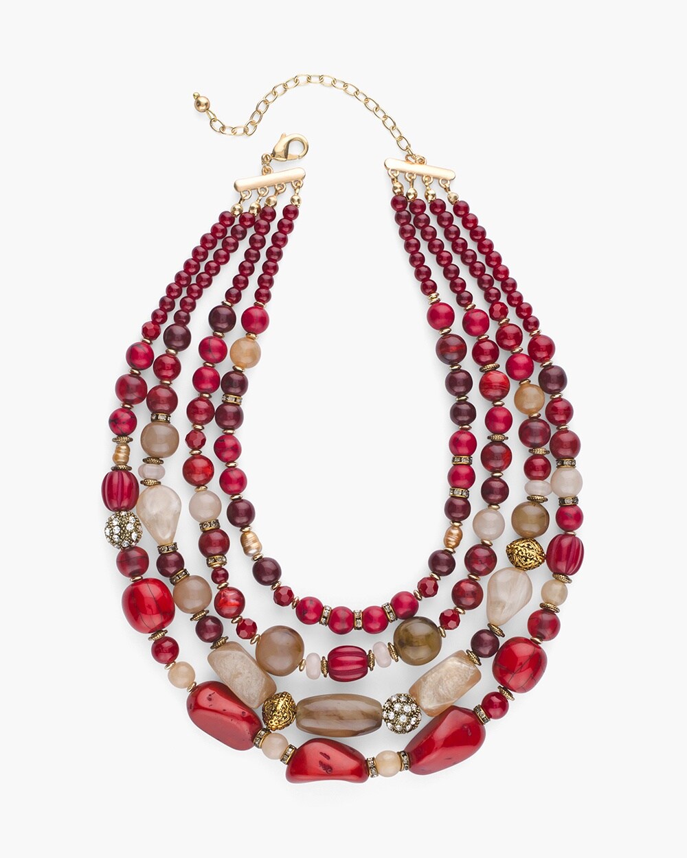 Short Red and Gold-Tone Multi-Strand Necklace