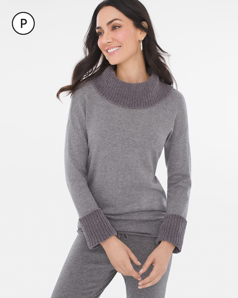 Zenergy Petite Cotton Cashmere-Blend Chenille-Trim Sweater