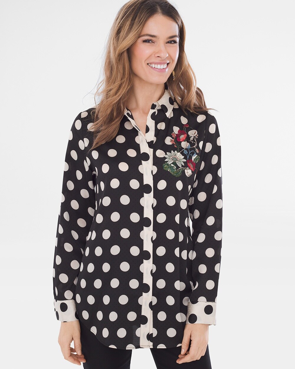 Floral-Embroidered Dot-Print Shirt