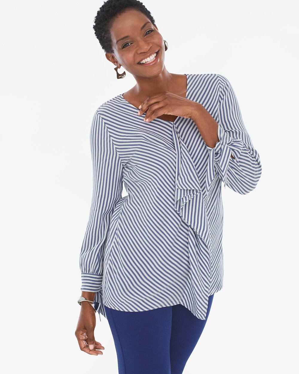 Striped Ruffle-Front Tie-Sleeve Top